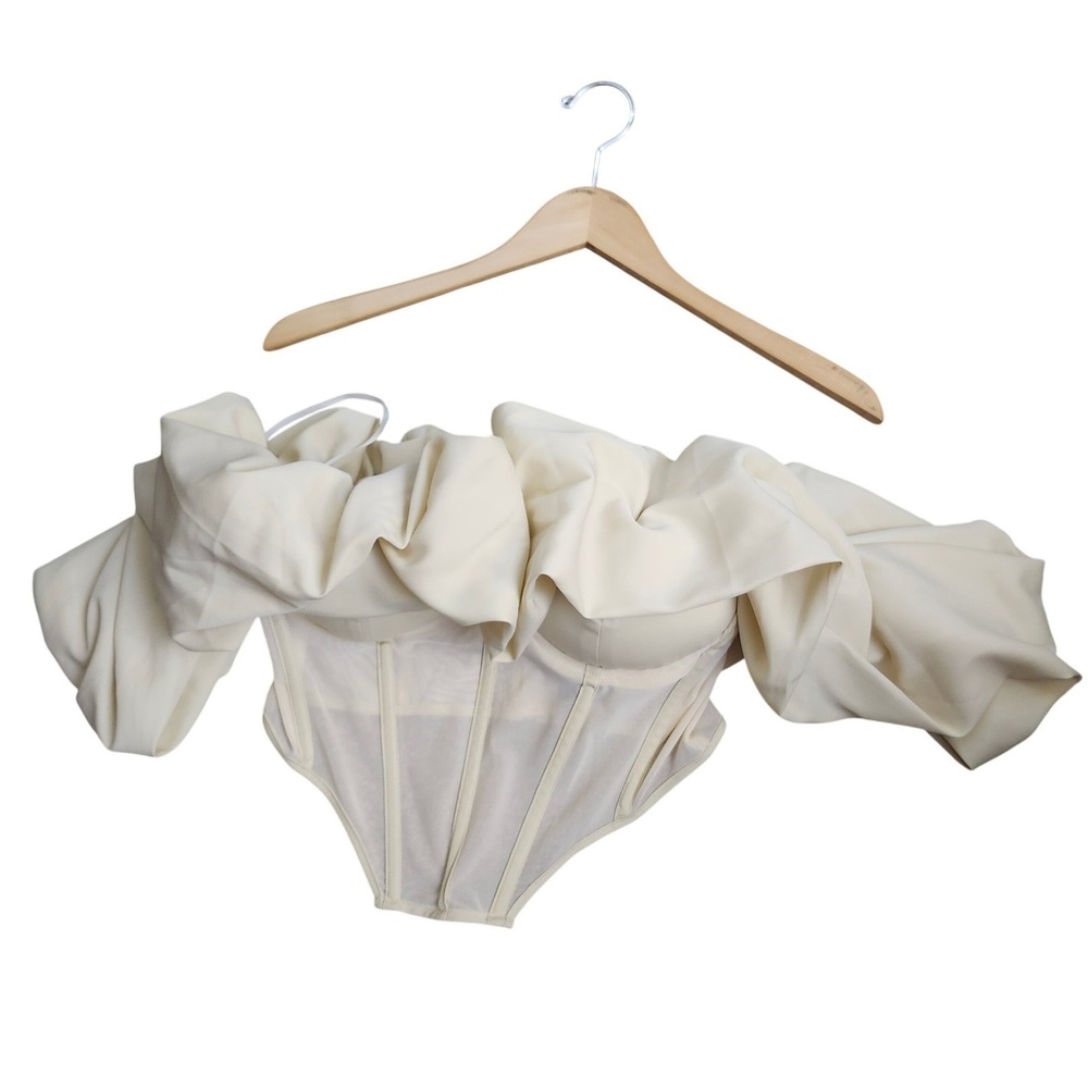 PrettyLittleThing‎ Cream Bardot Extreme Ruched Mesh Panelled Corset Top  US 8